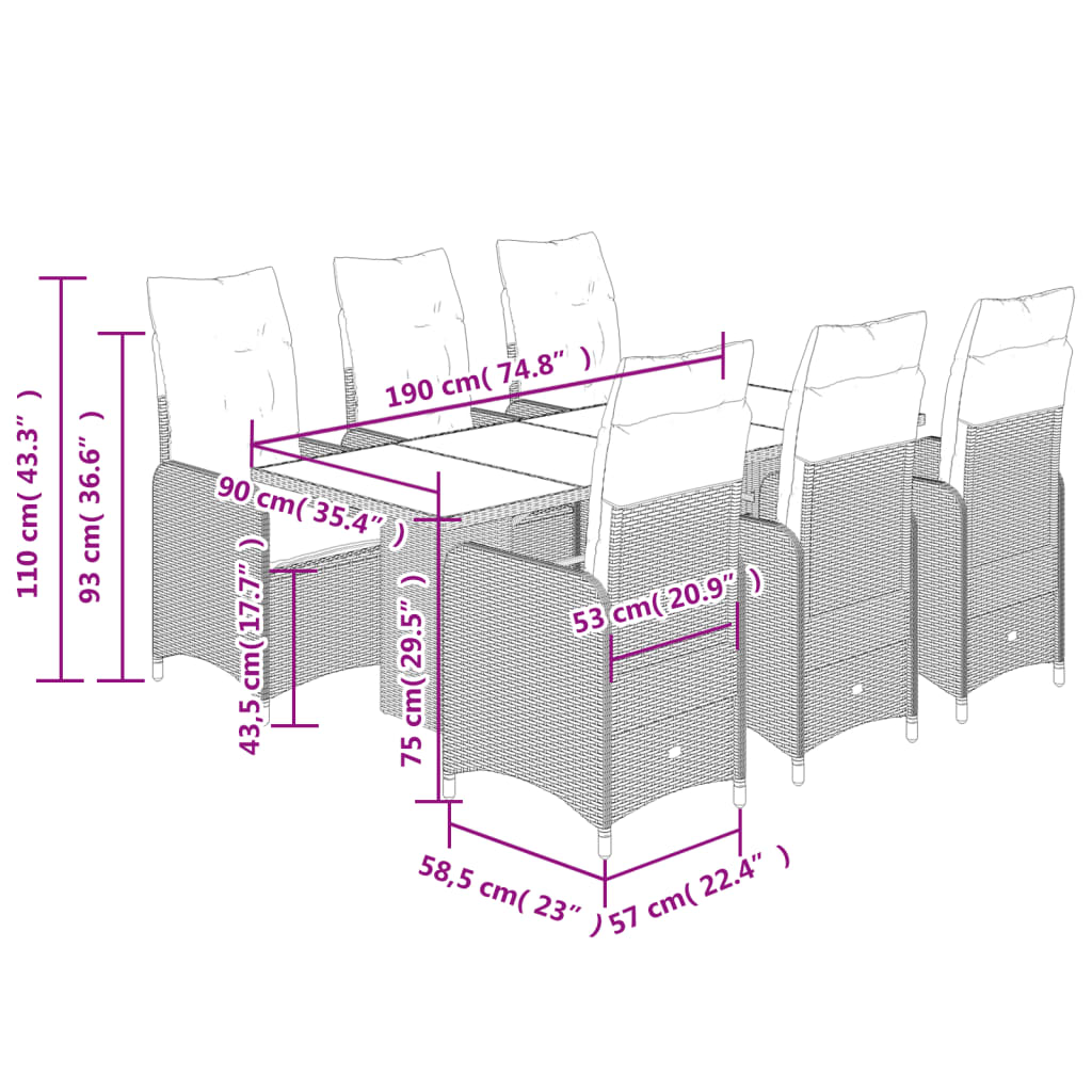 vidaXL Set de mesa y sillas jardín 7 pzas con cojines ratán PE marrón