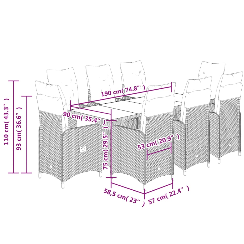 vidaXL Set de mesa y sillas jardín 9 piezas y cojines ratán PE marrón