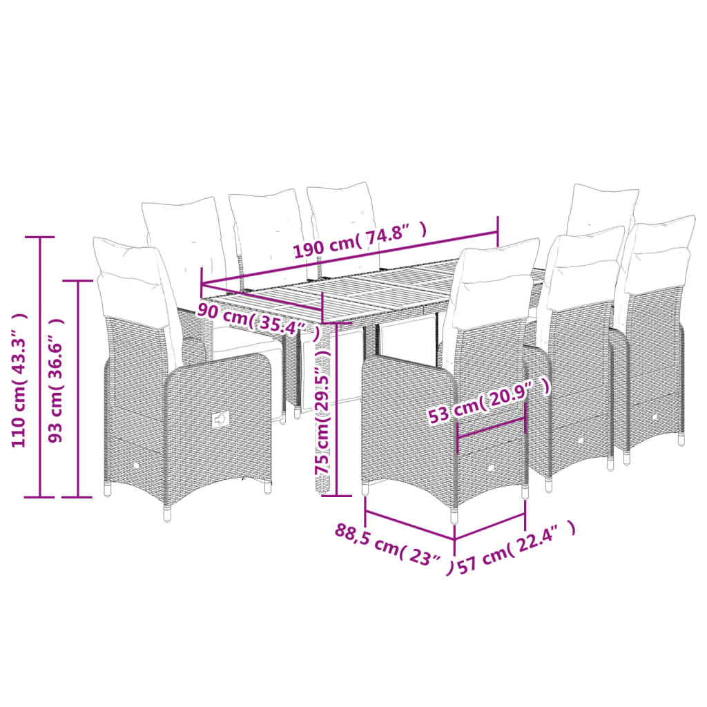 vidaXL Set de mesa y sillas de jardín 9 pzas y cojines ratán PE negro