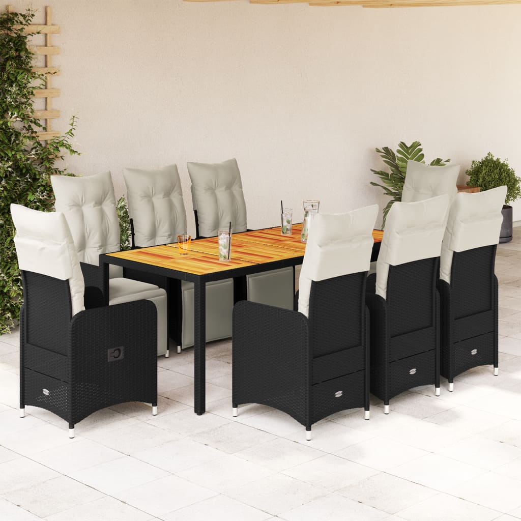 vidaXL Set de mesa y sillas de jardín 9 pzas y cojines ratán PE negro