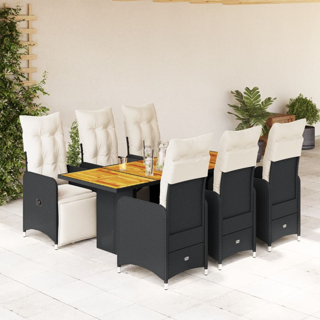 vidaXL Set de mesa y sillas de jardín 7 pzas y cojines ratán PE negro