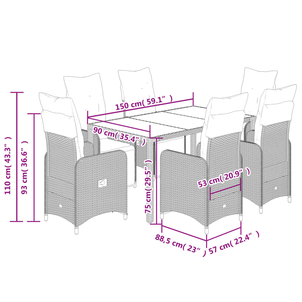 vidaXL Set de mesa y sillas de jardín 7 pzas y cojines ratán PE negro