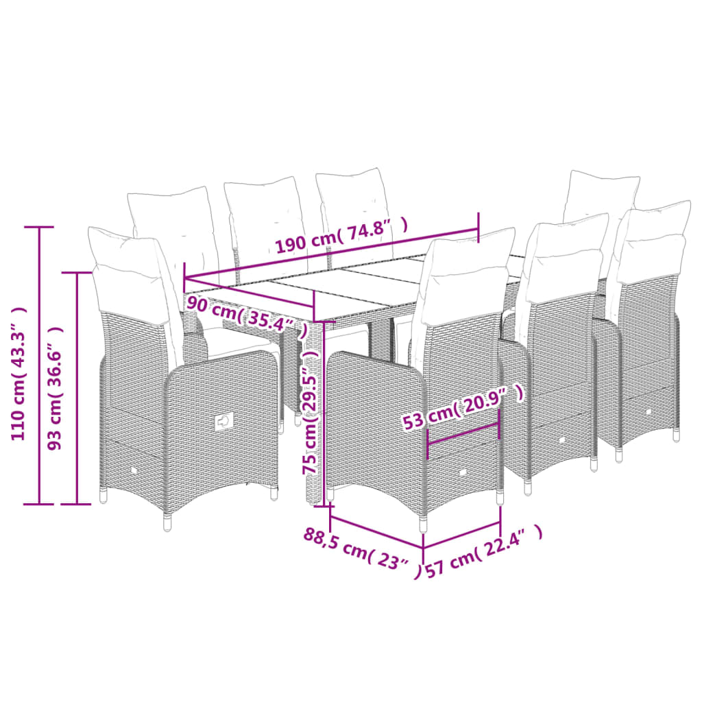 vidaXL Set de mesa y sillas de jardín 9 pzas y cojines ratán PE negro