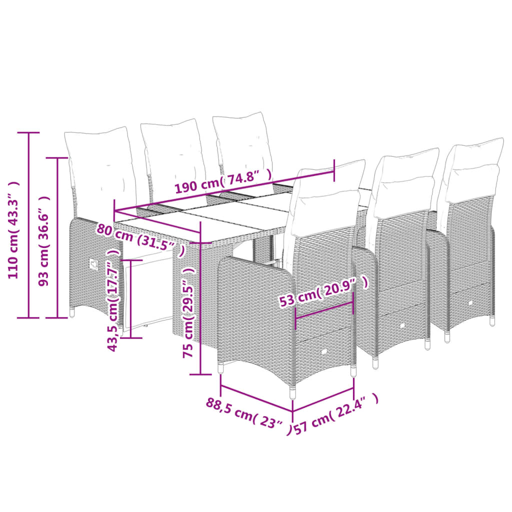 vidaXL Set de mesa y sillas de jardín 7 pzas y cojines ratán PE negro