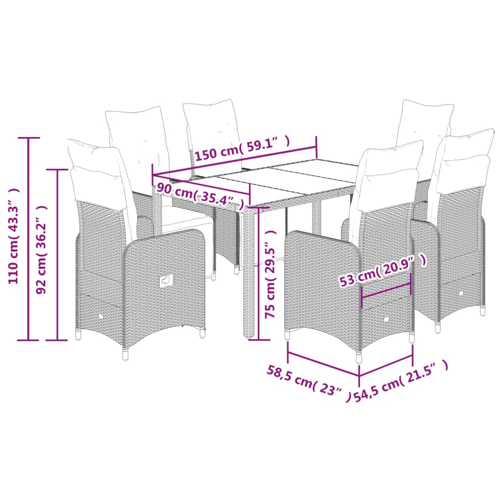 vidaXL Set de mesa y sillas jardín 7 pzas con cojines ratán PE marrón