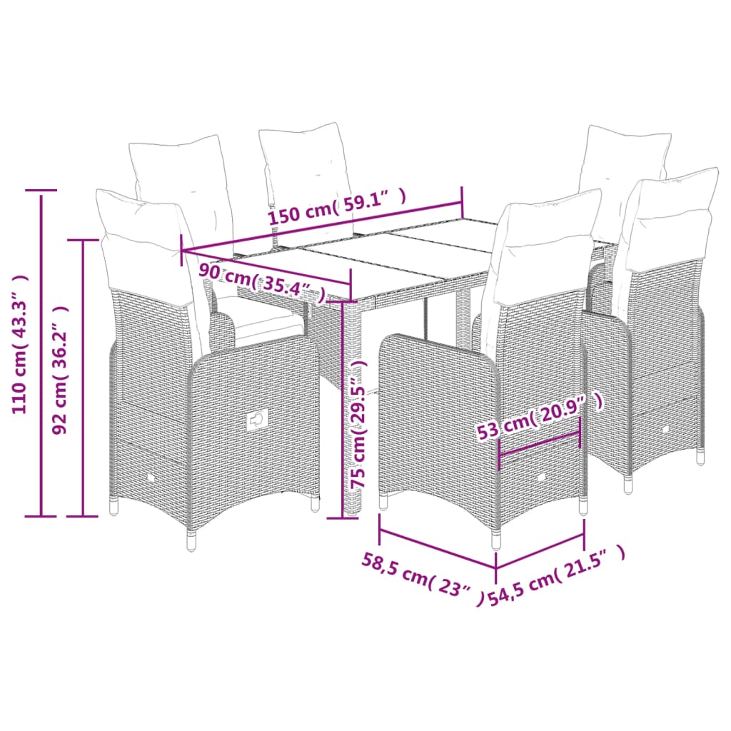 vidaXL Set de mesa y sillas jardín 7 pzas con cojines ratán PE marrón