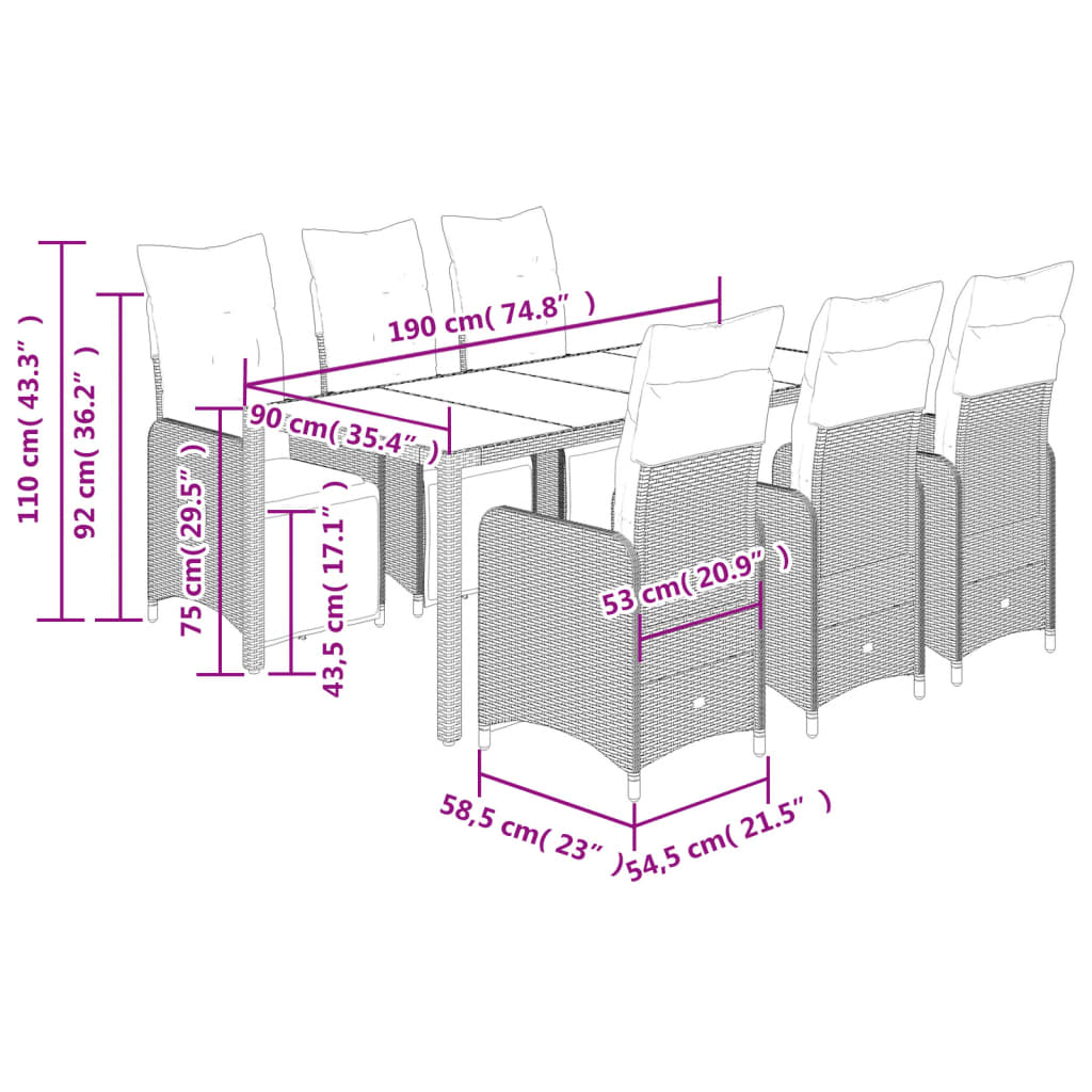 vidaXL Set de mesa y sillas jardín 7 pzas con cojines ratán PE marrón