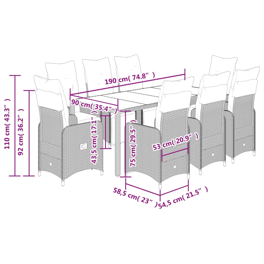 vidaXL Set de mesa y sillas jardín 9 piezas y cojines ratán PE marrón