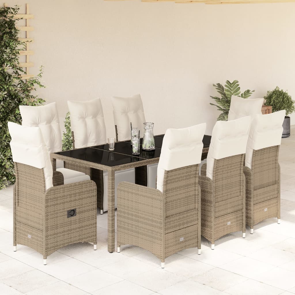 vidaXL Set de mesa y sillas jardín 9 piezas y cojines ratán PE marrón