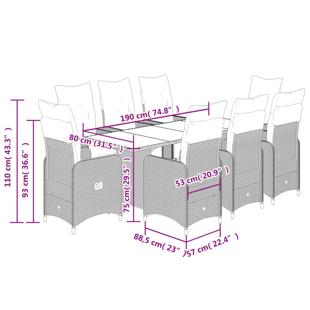 vidaXL Set de mesa y sillas jardín 9 piezas y cojines ratán PE marrón