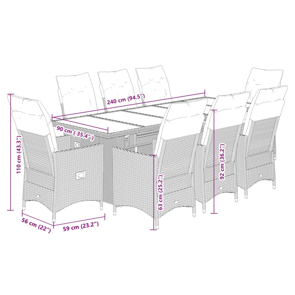 vidaXL Set de mesa y sillas de jardín 9 pzas y cojines ratán PE negro