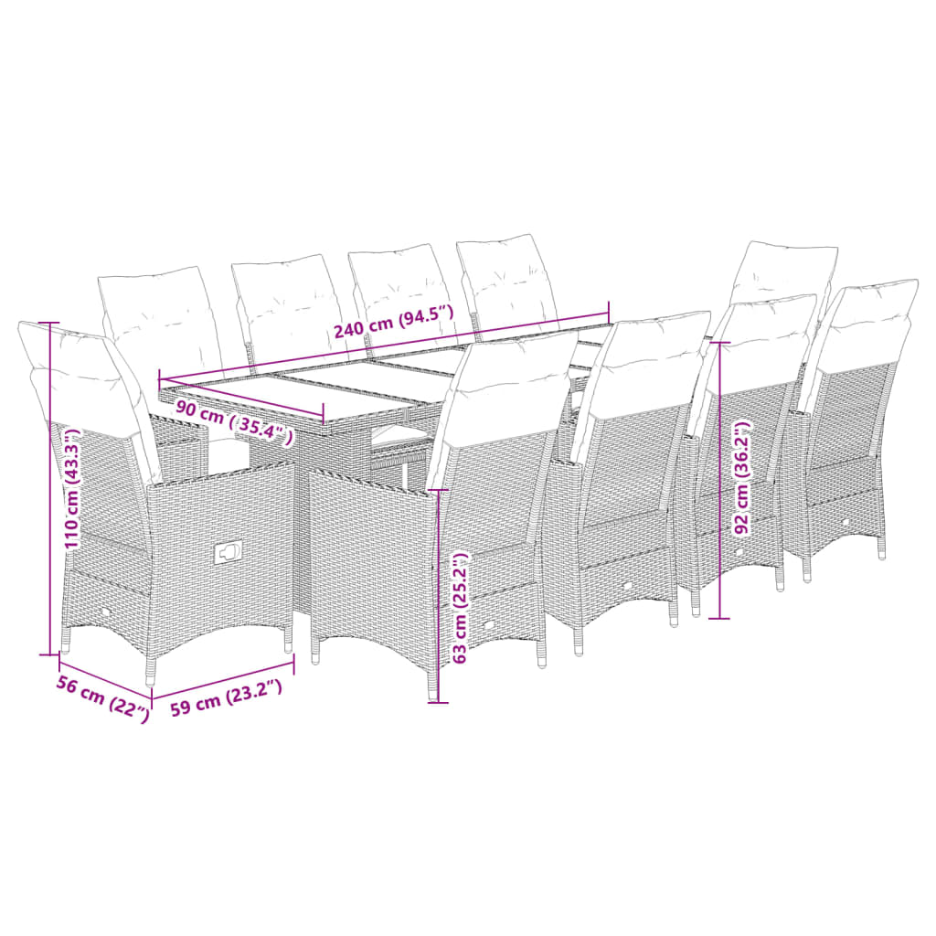 vidaXL Set de mesa y sillas de jardín 11 pzas y cojines ratán PE negro