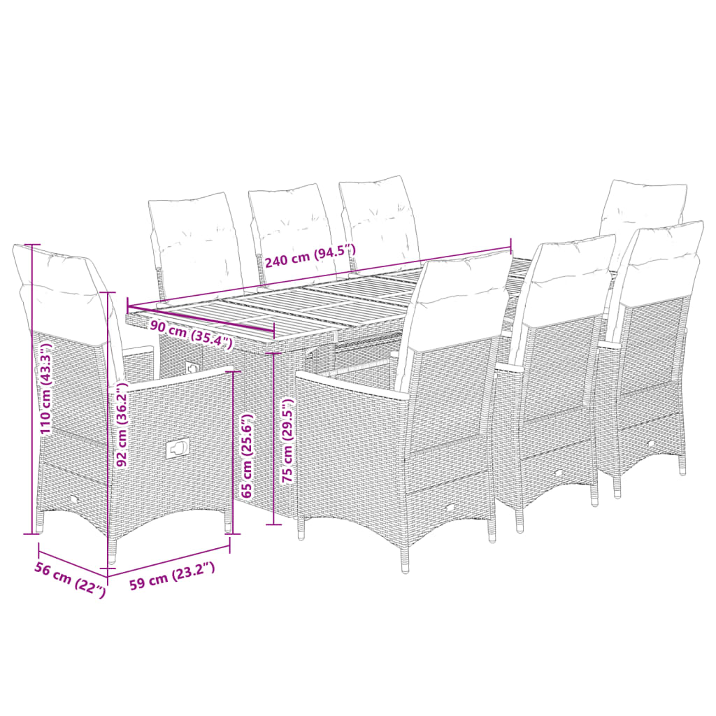 vidaXL Set de mesa y sillas de jardín 9 pzas y cojines ratán PE negro