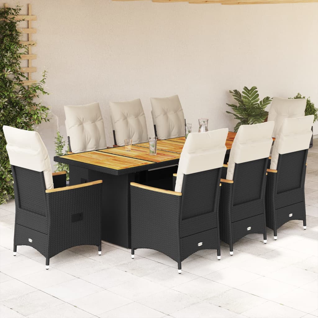 vidaXL Set de mesa y sillas de jardín 9 pzas y cojines ratán PE negro