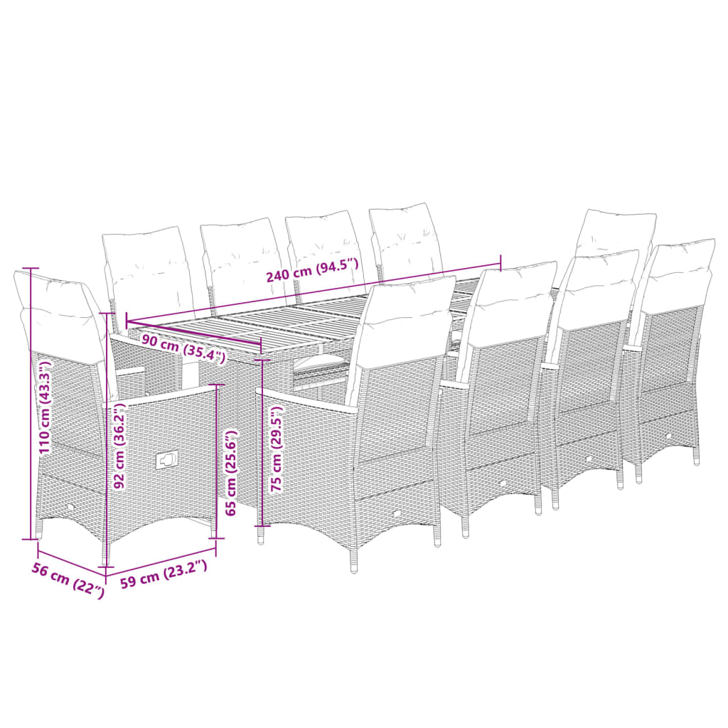 vidaXL Set de mesa y sillas de jardín 11 pzas y cojines ratán PE negro