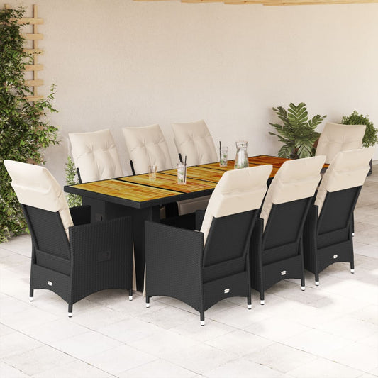 vidaXL Set de mesa y sillas de jardín 9 pzas y cojines ratán PE negro