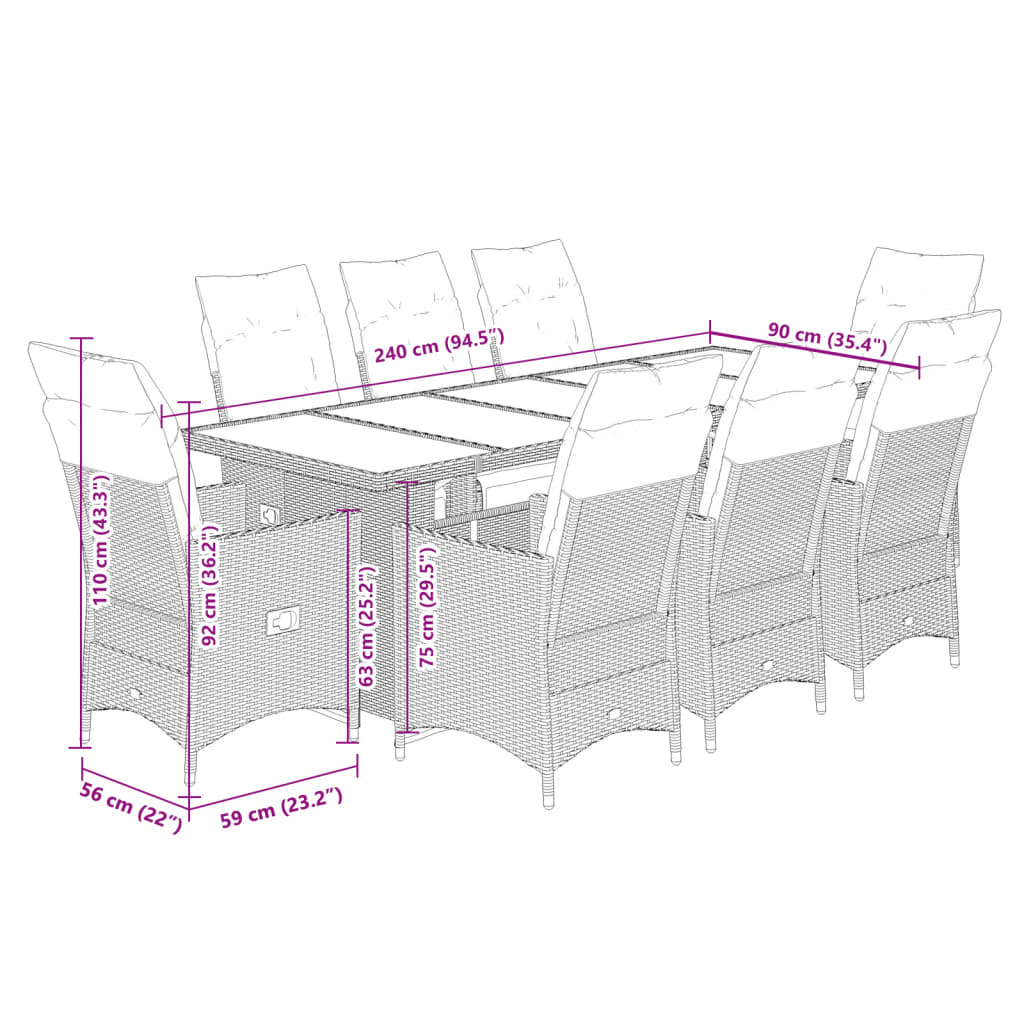 vidaXL Set de mesa y sillas de jardín 9 pzas y cojines ratán PE negro