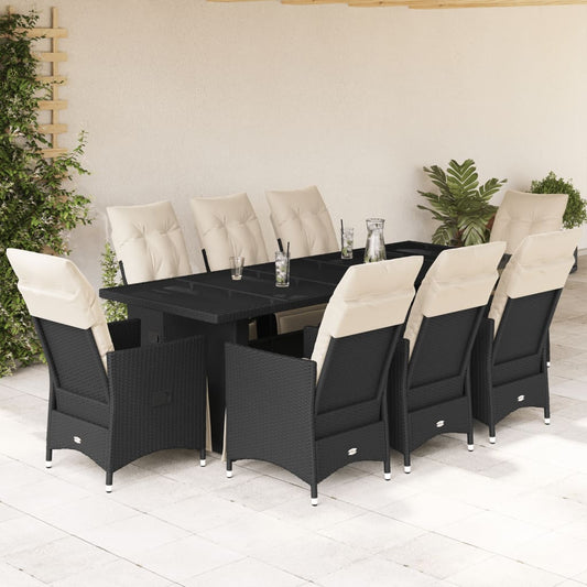 vidaXL Set de mesa y sillas de jardín 9 pzas y cojines ratán PE negro