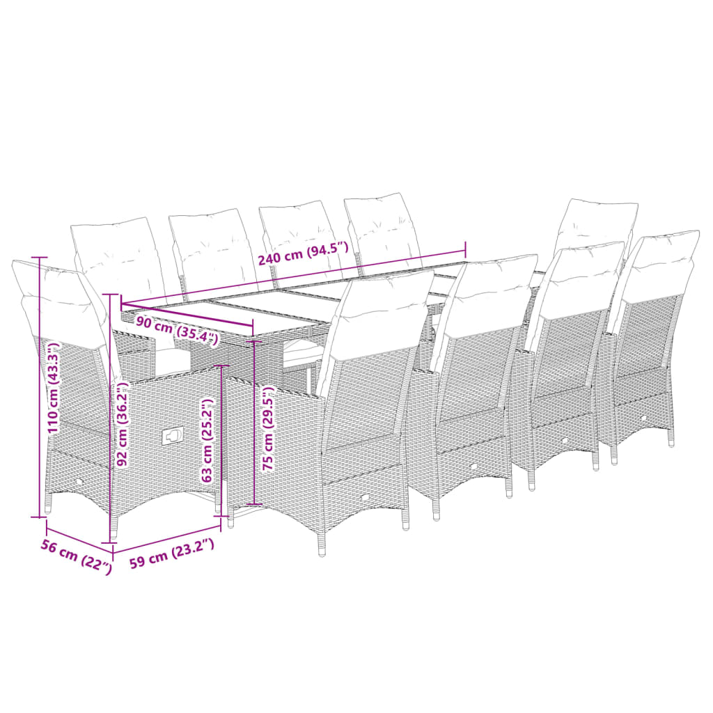 vidaXL Set de mesa y sillas de jardín 11 pzas y cojines ratán PE negro