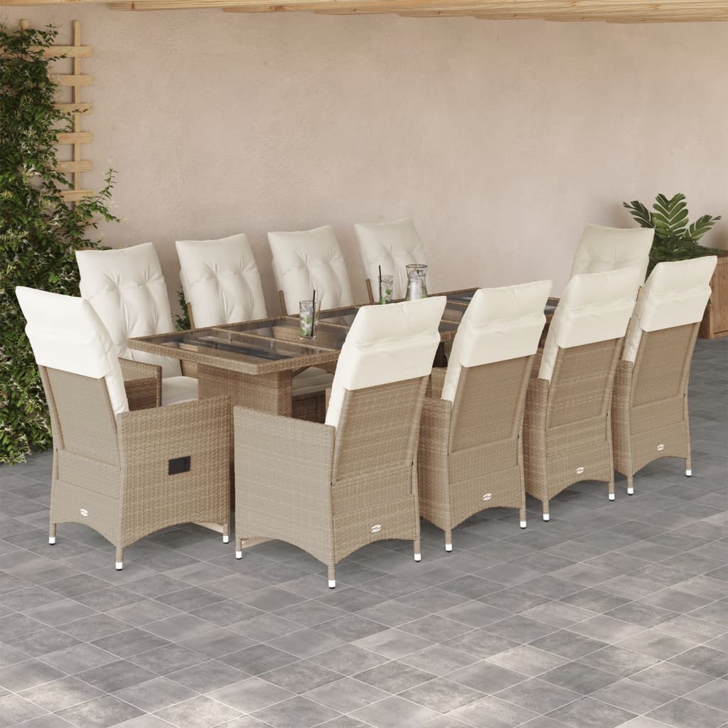 vidaXL Set de mesa y sillas de jardín 11 pzas y cojines ratán PE beige