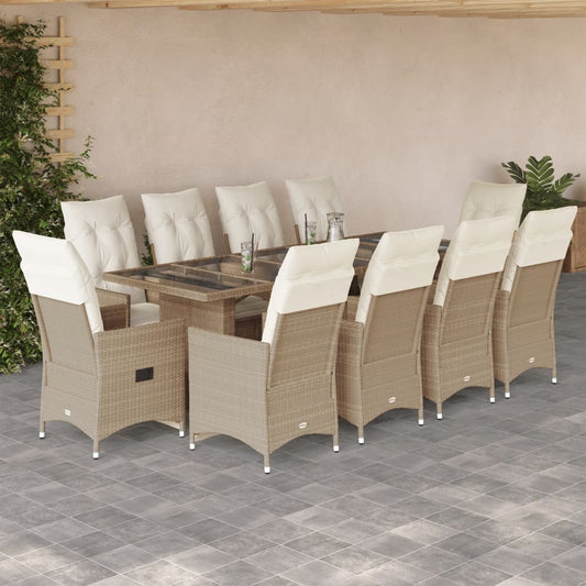 vidaXL Set de mesa y sillas de jardín 11 pzas y cojines ratán PE beige