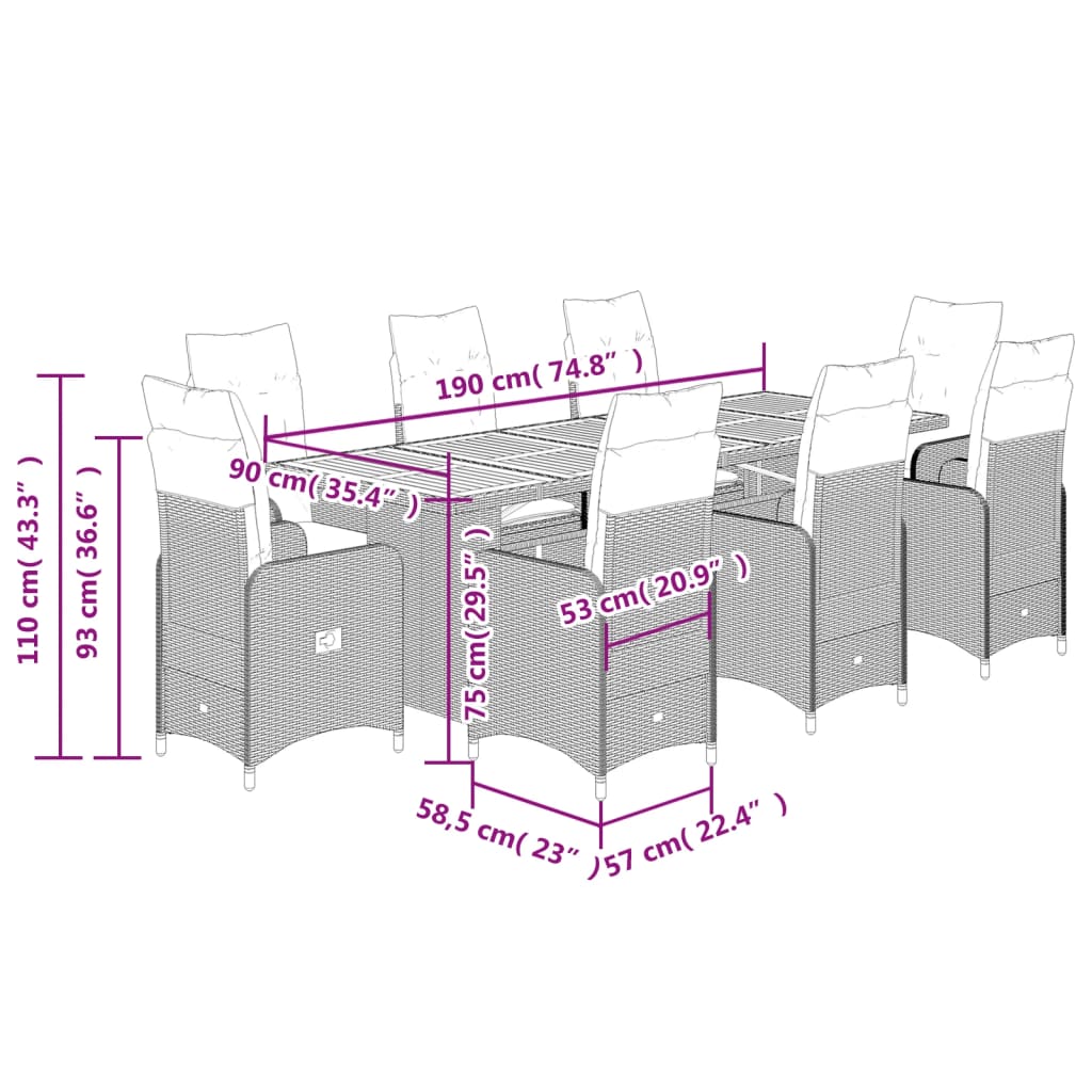 vidaXL Set de mesa y sillas de jardín 9 pzas y cojines ratán PE negro