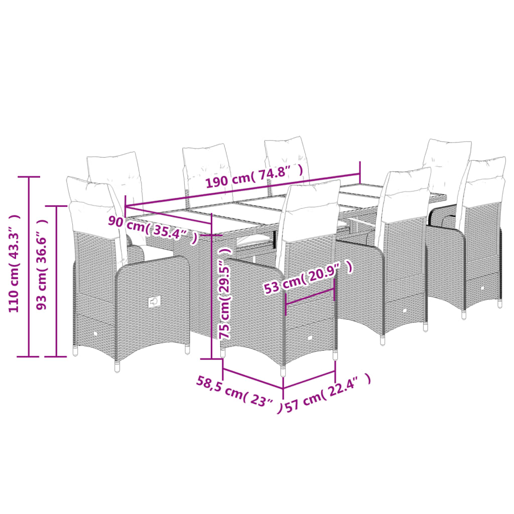 vidaXL Set de mesa y sillas de jardín 9 pzas y cojines ratán PE negro