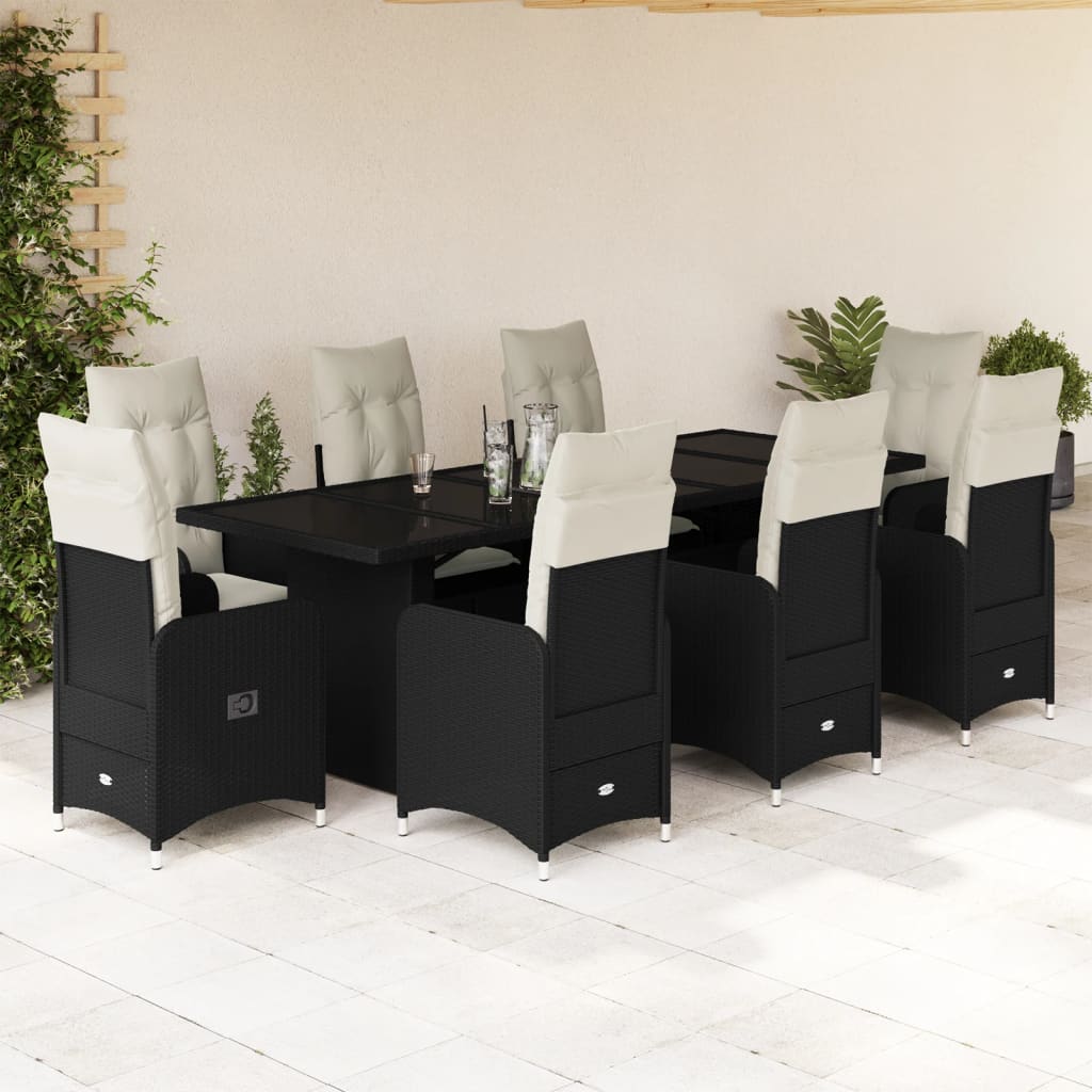 vidaXL Set de mesa y sillas de jardín 9 pzas y cojines ratán PE negro