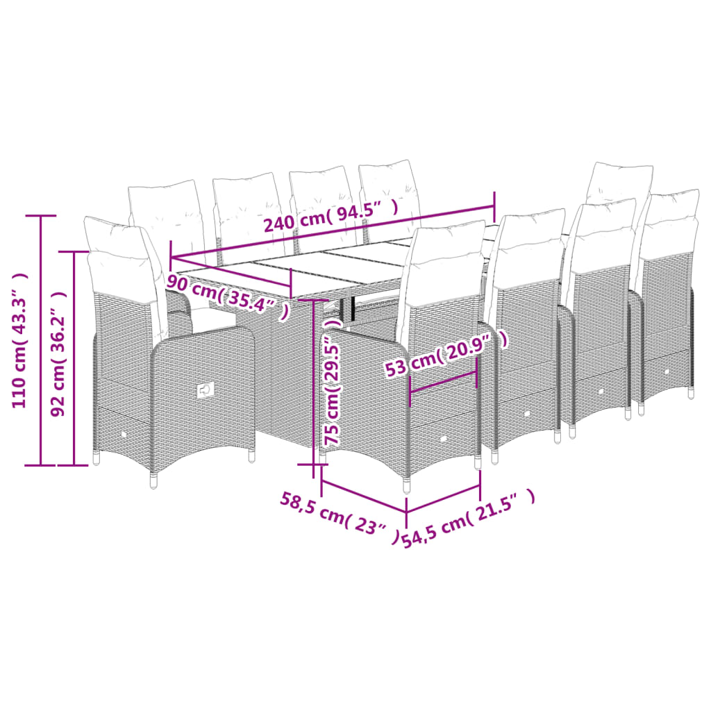 vidaXL Set de mesa y sillas de jardín y cojines 11 pzas ratán PE negro