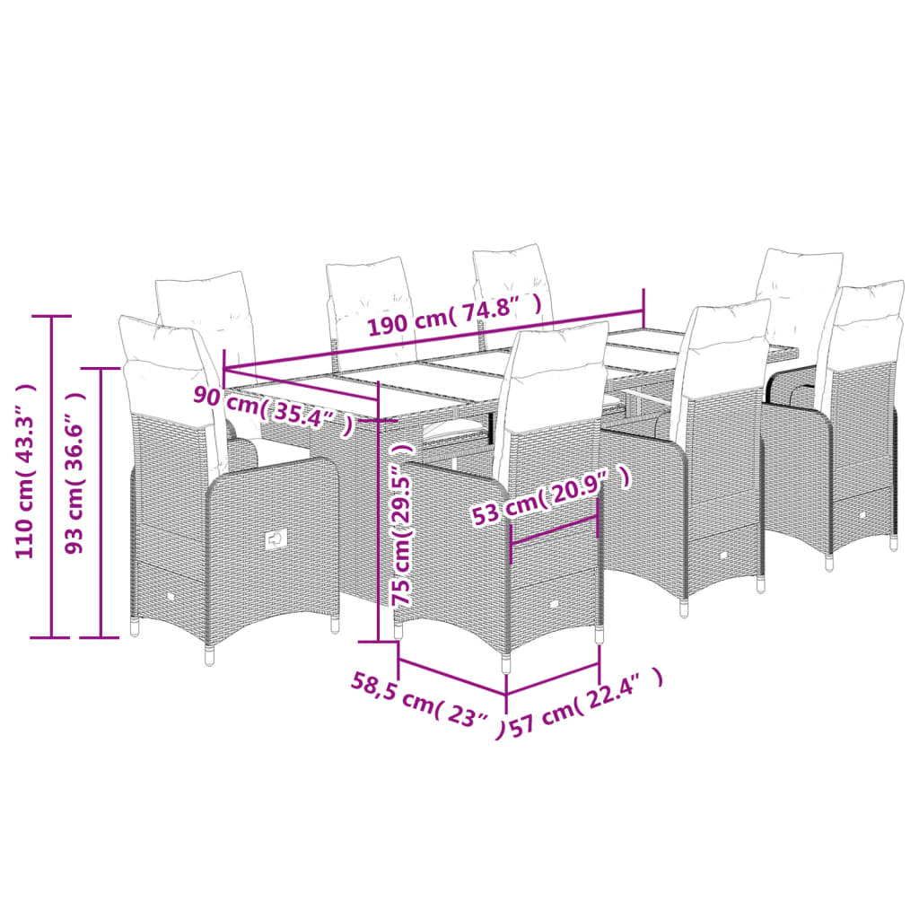 vidaXL Set de mesa y sillas jardín 9 piezas y cojines ratán PE marrón