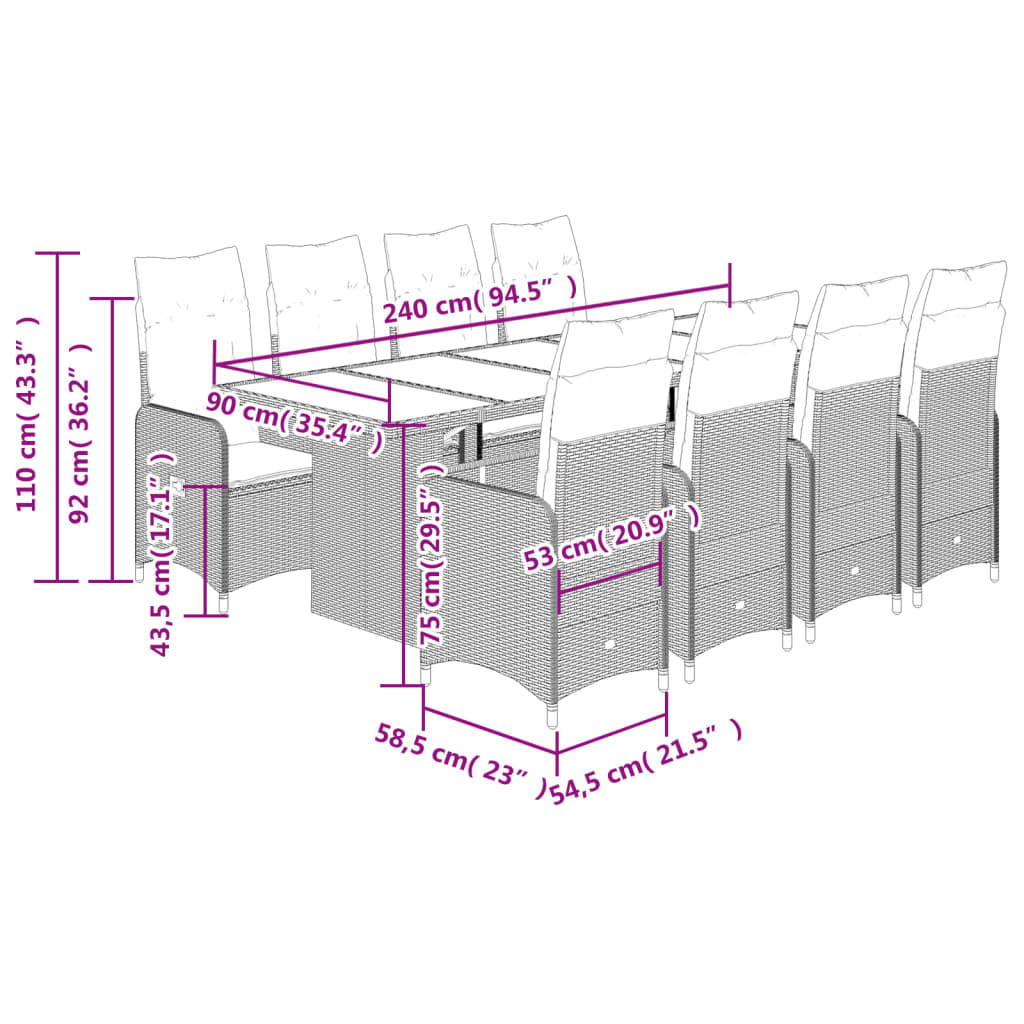 vidaXL Set de mesa y sillas de jardín 11 pzas y cojines ratán PE beige