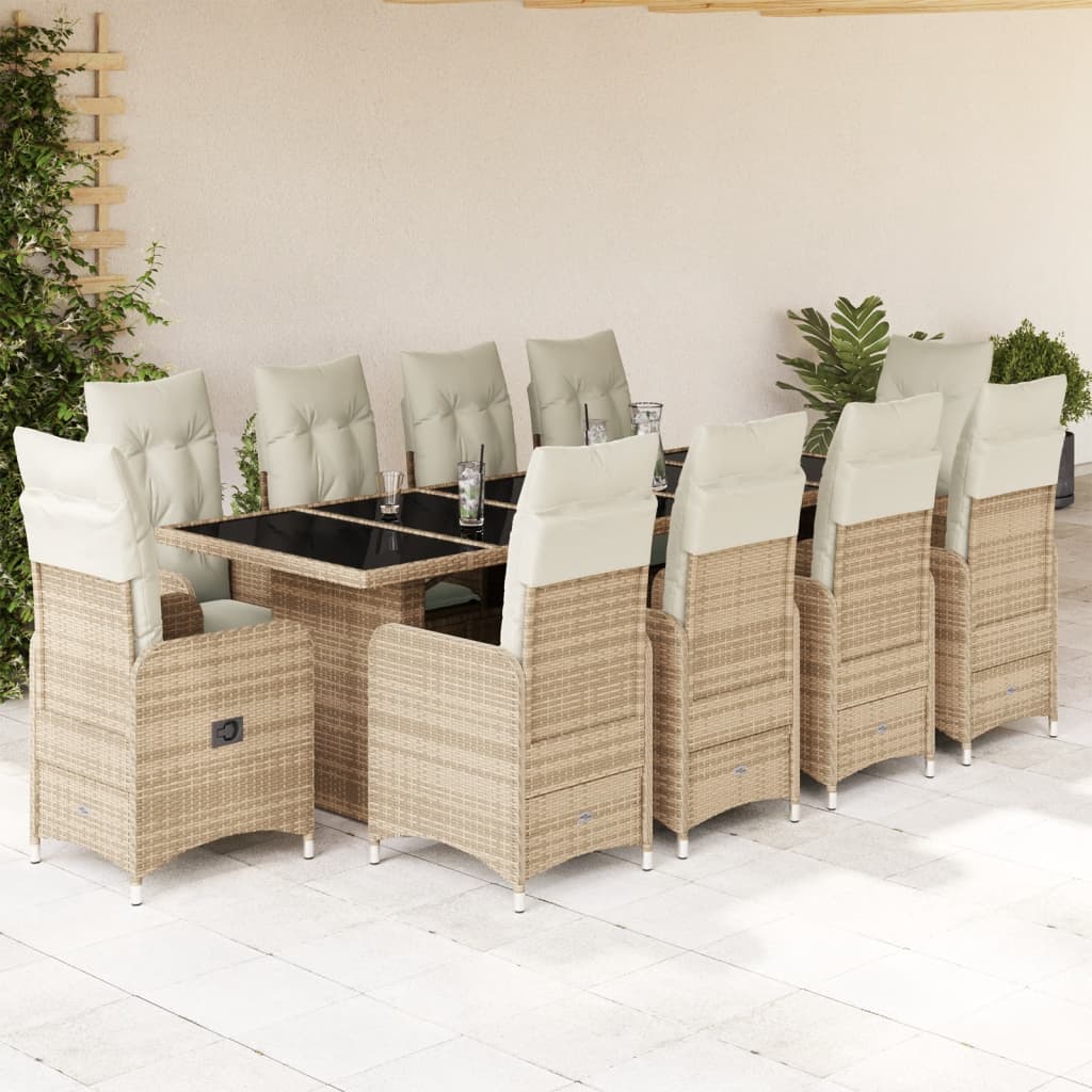 vidaXL Set de mesa y sillas de jardín 11 pzas y cojines ratán PE beige