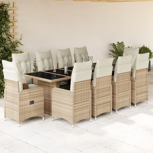 vidaXL Set de mesa y sillas de jardín 11 pzas y cojines ratán PE beige