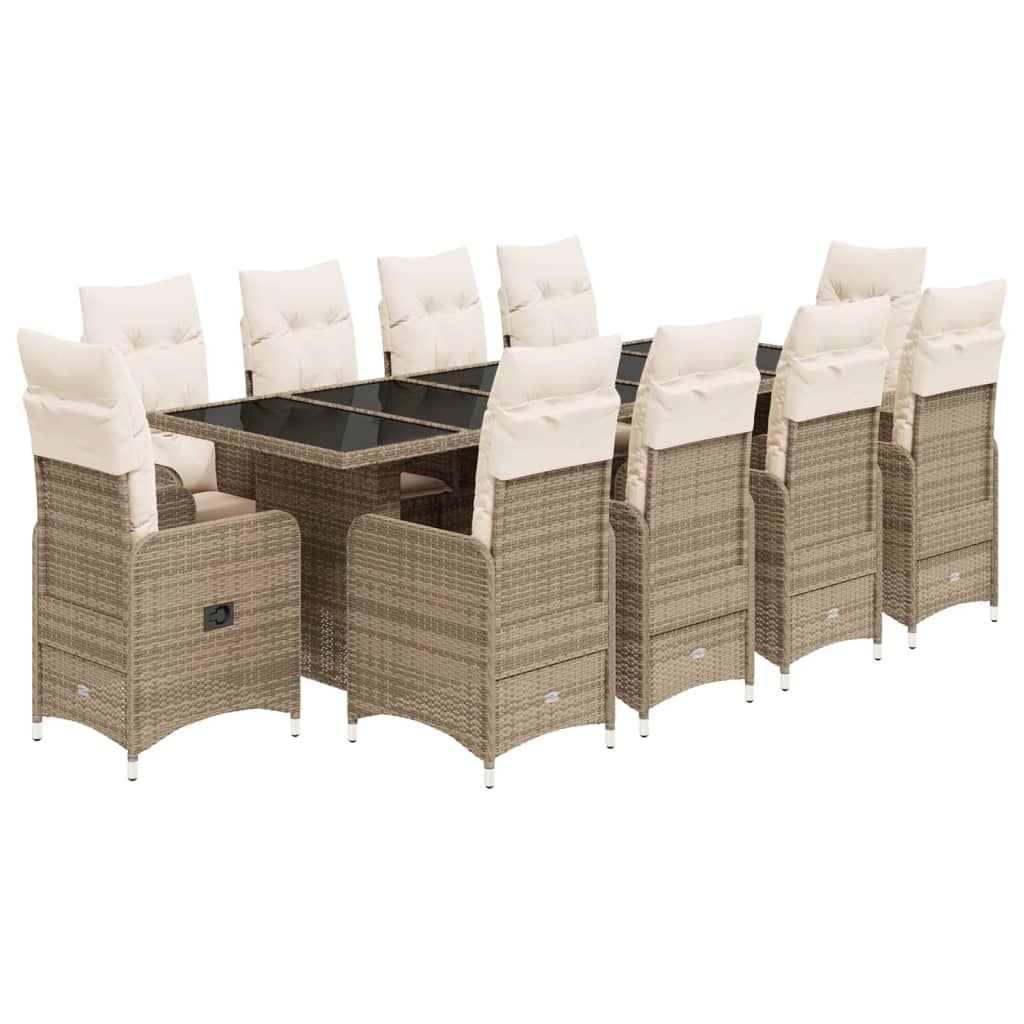 vidaXL Set de mesa y sillas de jardín 11 pzas y cojines ratán PE beige