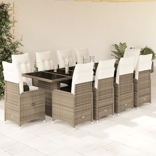 vidaXL Set de mesa y sillas de jardín 11 pzas y cojines ratán PE beige