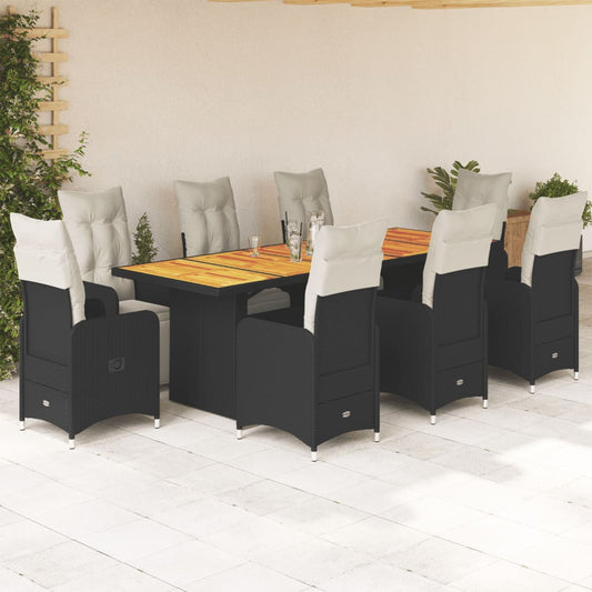 vidaXL Set de mesa y sillas de jardín 9 pzas y cojines ratán PE negro