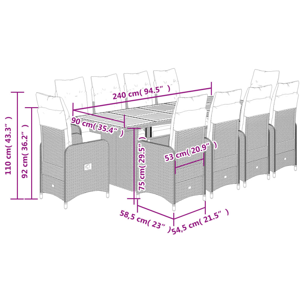 vidaXL Set de mesa y sillas de jardín y cojines 11 pzas ratán PE negro