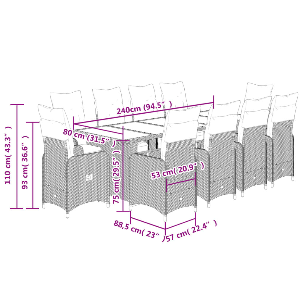 vidaXL Set de mesa y sillas de jardín y cojines 11 pzas ratán PE negro