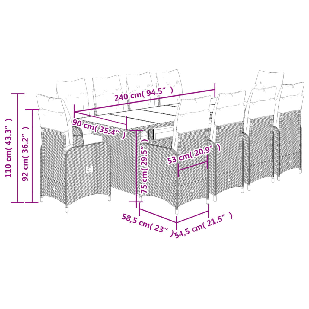 vidaXL Set de mesa y sillas de jardín 11 pzas y cojines ratán PE gris