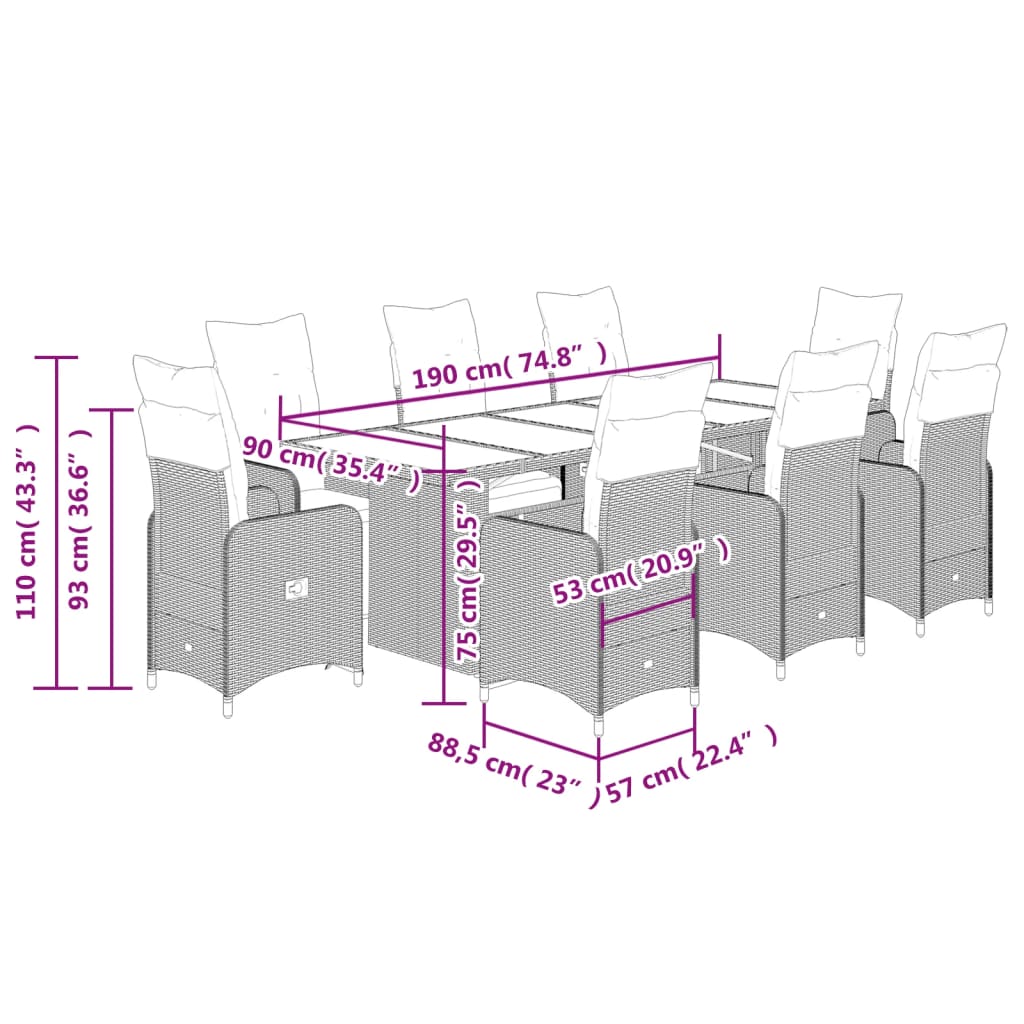 vidaXL Set de mesa y sillas jardín 9 piezas y cojines ratán PE marrón