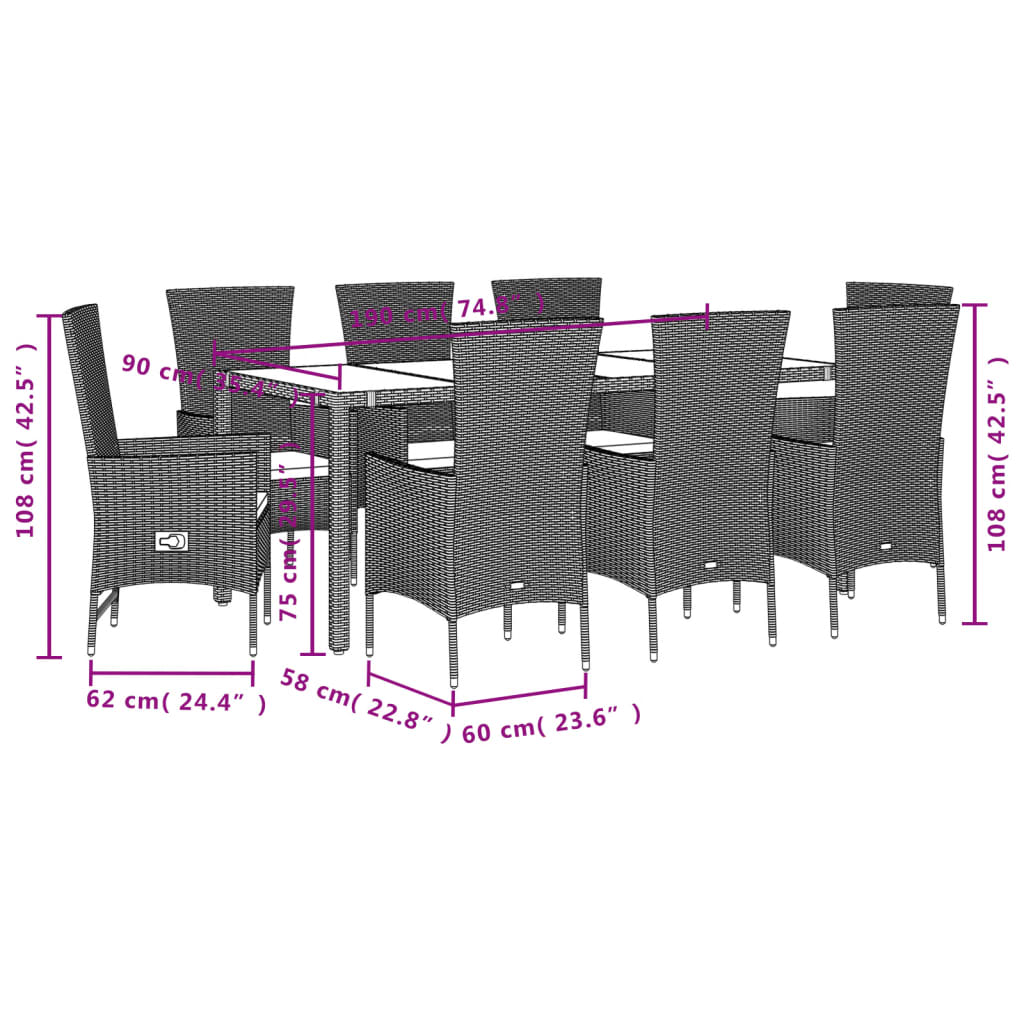 vidaXL Set comedor de jardín 9 pzas con cojines ratán sintético beige