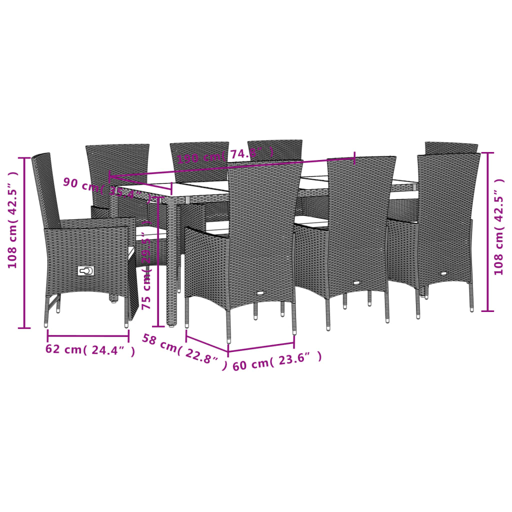 vidaXL Set comedor de jardín 9 pzas con cojines ratán sintético beige