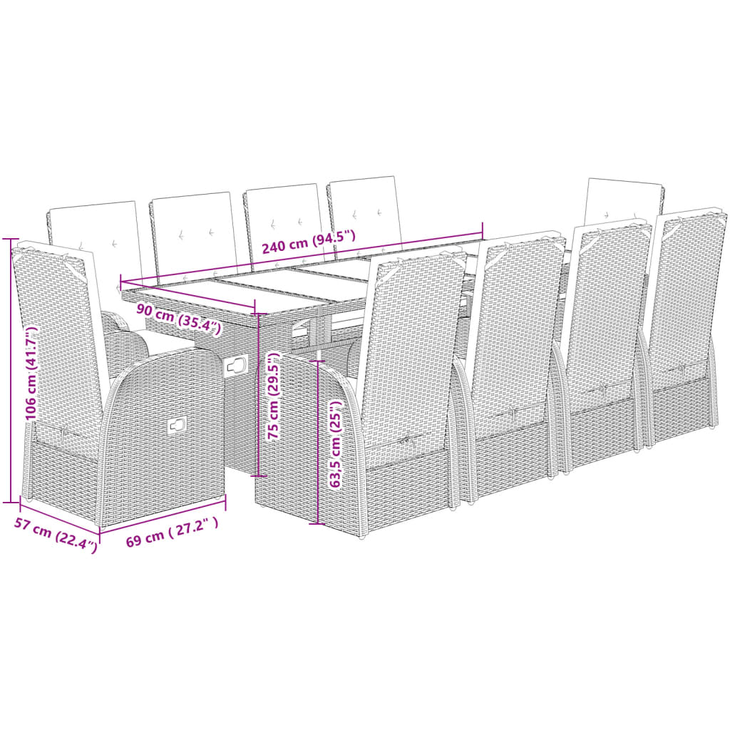 vidaXL Set de comedor de jardín 11 pzas y cojines ratán sintético gris