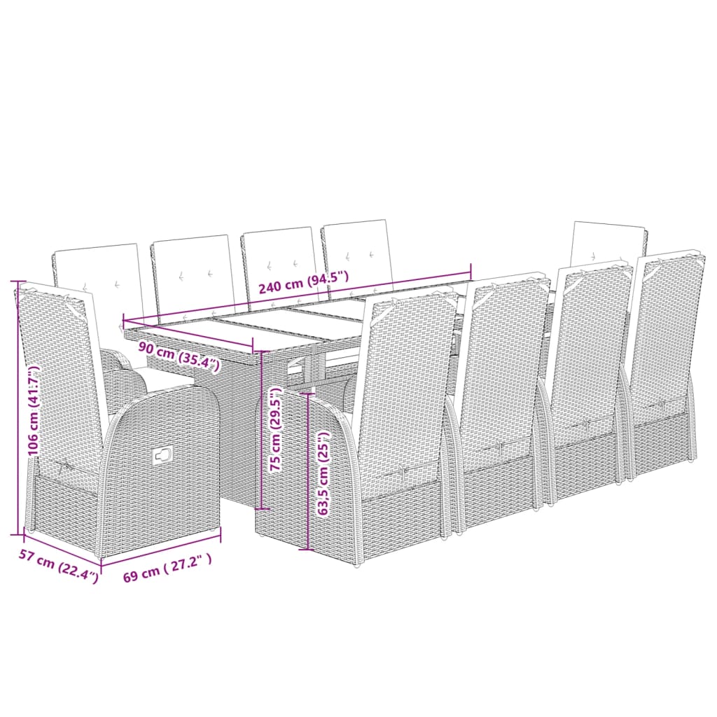 vidaXL Set de comedor de jardín 11 pzas y cojines ratán sintético gris