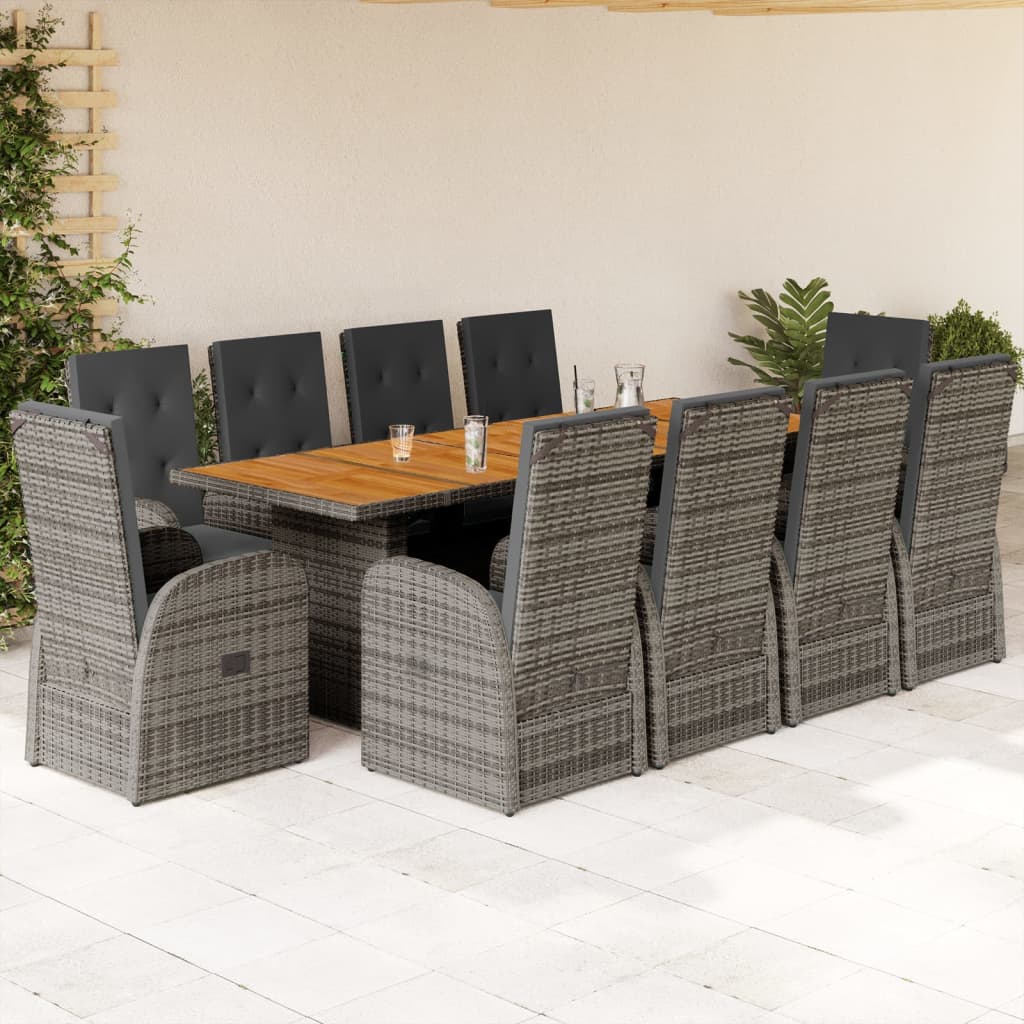 vidaXL Set de comedor de jardín 11 pzas y cojines ratán sintético gris