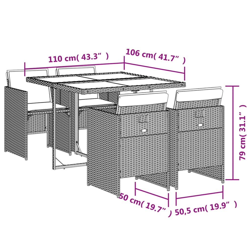 vidaXL Set comedor de jardín 5 piezas y cojines ratán sintético marrón