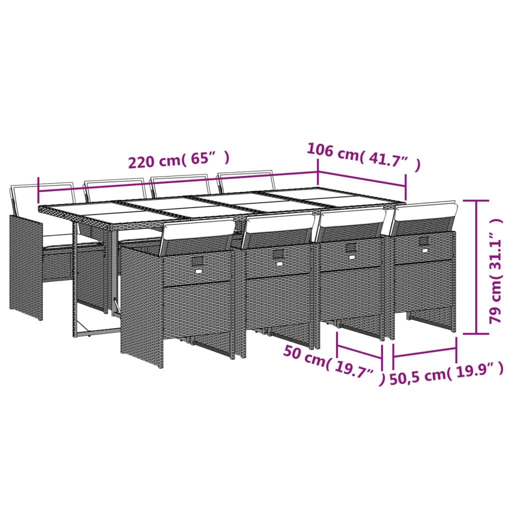 vidaXL Set comedor para jardín 9 pzas y cojines ratán sintético marrón