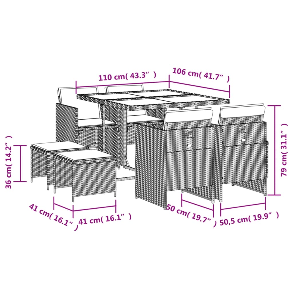 vidaXL Set comedor para jardín 9 pzas y cojines ratán sintético marrón