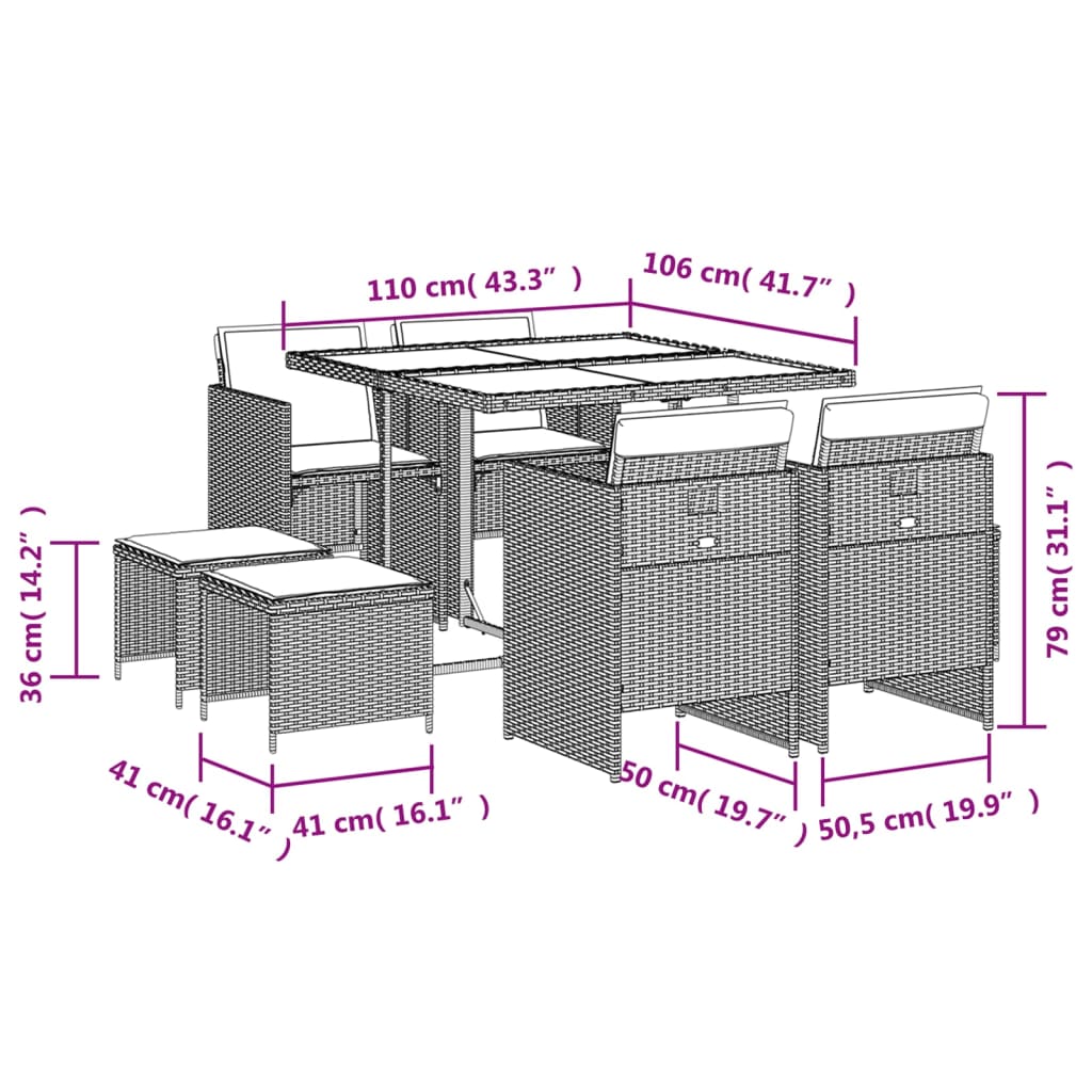 vidaXL Set comedor de jardín 9 pzas con cojines ratán sintético beige