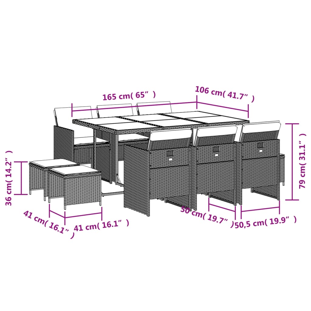 vidaXL Set comedor de jardín 11 pzas y cojines ratán sintético marrón